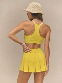 GLOWMODE FeatherFit™ DuoTone Racerback Double Strap Logo Band Crop Sports Bra With Removable Cups Low Impact Yoga Pilates Studio Daily Wear - Mustard Yellow - View 3