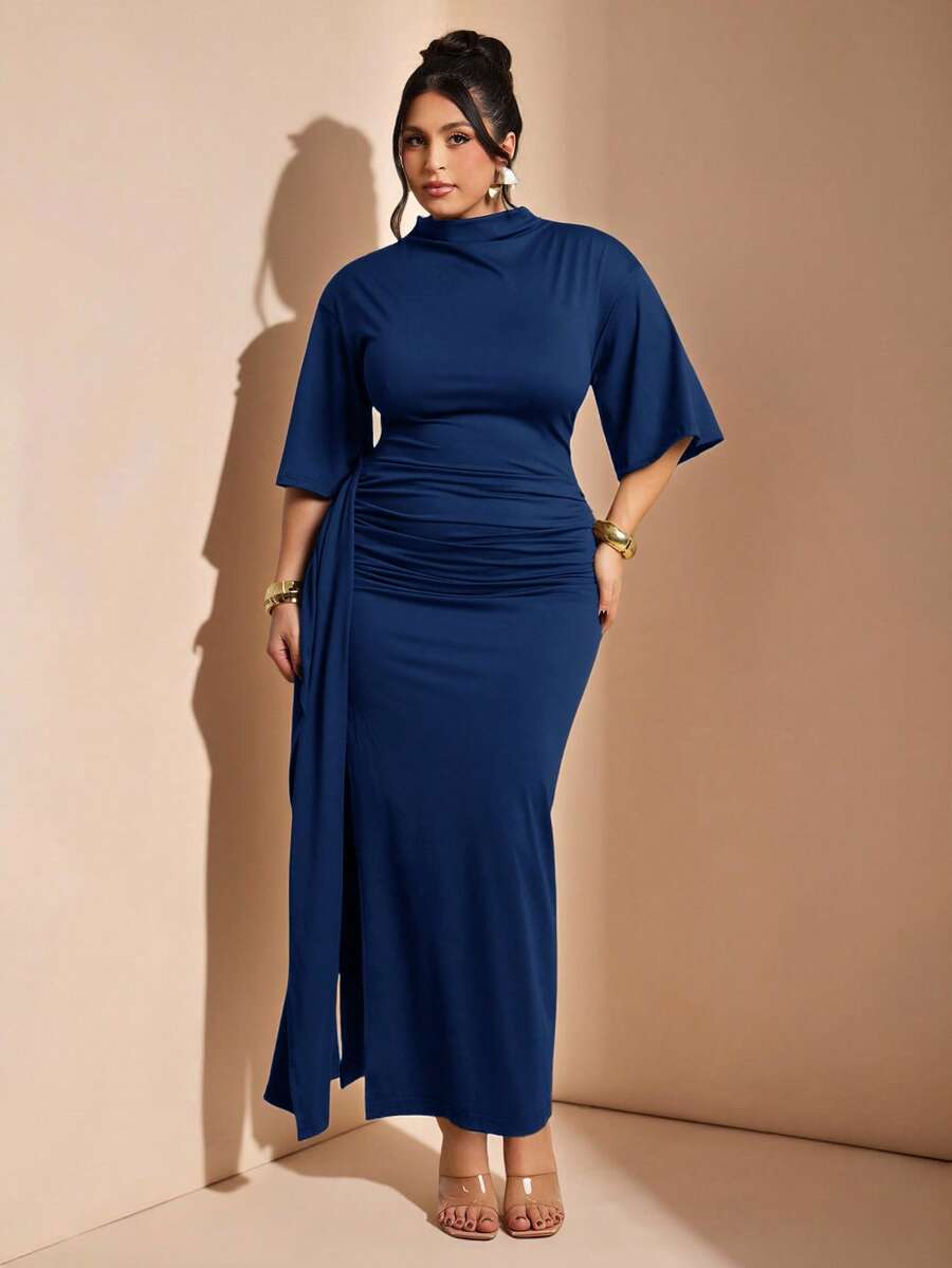 SHEIN BAE Plus Size Elegant Solid Color Cinched Waist Short Sleeve Dress, Summer - Navy Blue - View 1