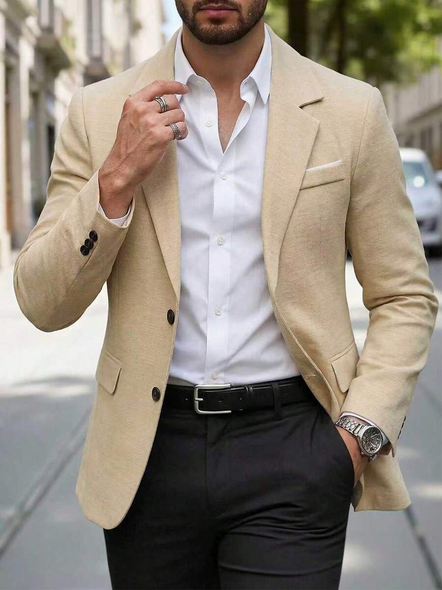 Manfinity Mode Men's Solid Color Casual Business Suit Jacket, Suitable For Casual Daily Wear, Weekend Travel, Outdoor Activities, Relaxed Work Environment Or Formal Occasions, Gift For Boyfriend/Husband, Anniversary Gift - Khaki - View 1