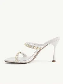 CUCCOO CHICEST Giày nữ cao gót mũi vuông, kiểu stiletto, đính sọc và ngọc trai. - trắng - Xem 6