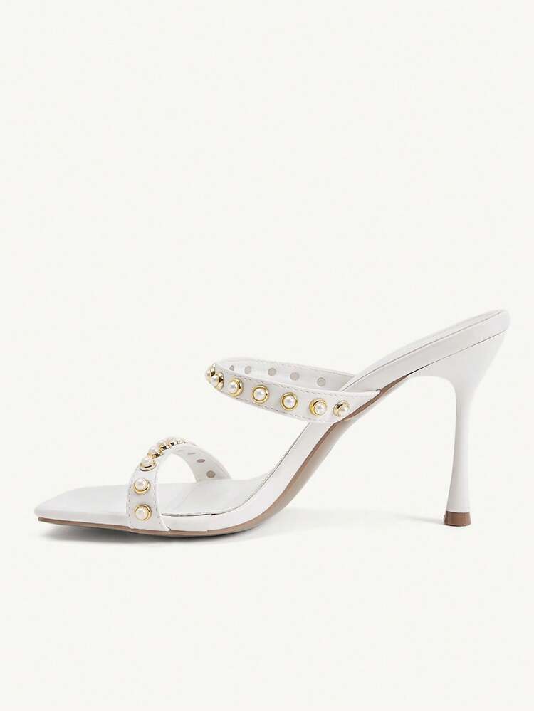CUCCOO CHICEST Women Shoes Square Head Stiletto Stripe Pearl Heel Sandals