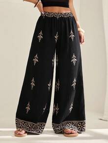 SHEIN Tall CURVE Calça Pantalona Estampada de Estilo Boêmio para Mulheres Plus Size, Essencial para o Verão - Preto - Visão 7