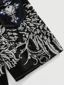 ROMWE MEN Men's Embroidered Pattern Loose Denim Shorts - Dark Wash - View 5