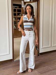 Serisse 休闲不规则条纹撞色 Polo 领女式背心，适合春夏、度假、日常通勤、约会、派对、秋冬、婚礼、海滩、毕业典礼、时尚、优雅、休闲、外出、约会、通勤、闪亮、情人节、优雅、度假、休闲、Y2K、外出、毕业典礼等场合。 - 彩色 - 查看 7