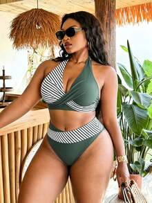 SHEIN Swim Vcay Bộ bikini cỡ lớn dành cho nữ, kiểu cổ yếm, họa tiết sọc, thích hợp cho kỳ nghỉ biển. - Nhiều màu - Xem 7