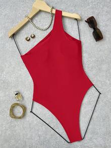 Bonvoyette Solid Color Hollow Out Asymmetric Metal Decor Swimsuit, One-Piece, Suitable For Beach Vacation - Red - View 2