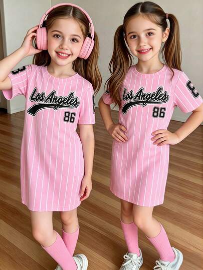 Spring And Summer Girls Casual Fashionable Creative Personality Refreshing Minimalist Pink & White Striped Los Angeles Number 86 Slogan Letter Graphic Print Casual Basic Short Sleeve T-Shirt Dress, Comfortable Daily Wear, Cozy Summer And Fall Styles Suitable For Spring, Summer, Autumn