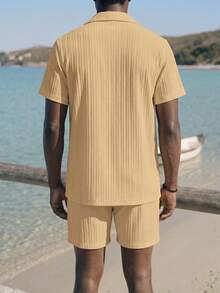 Palasendo Men's Solid Color Short Sleeve Single-Breasted Shirt And Drawstring Waist Shorts Beach Outfit - Khaki - View 2