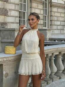 Firerie Đầm ngắn nữ màu mơ mới, chất liệu dệt kim jacquard, cổ yếm, hở lưng, có thắt eo và viền bèo hai lớp, thích hợp cho đám cưới, tiệc tùng, hẹn hò lãng mạn, công sở, lễ hội, phong cách boho, kỳ nghỉ. - Màu be - Xem 4