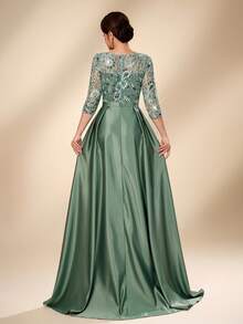 Serin Đầm maxi sang trọng, thanh lịch với chất liệu satin, đính hạt, sequin, ren, tay áo voan mỏng và eo xếp ly, thích hợp cho đám cưới, tiệc tùng, kỳ nghỉ, cô dâu, mẹ cô dâu. - màu xanh lá - Xem 3