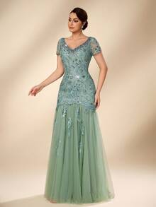 Serin Solid Color V-Neck Sequin Patchwork Elegant Short Sleeve Mermaid Maxi Dress, Bridal Mother Gown - Green - View 7