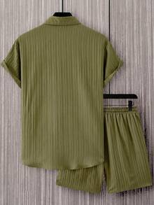 Manfinity Homme Men's Summer Casual Vacation Daily Commute Solid Color Textured Fabric Short Sleeve Shirt And Drawstring Waist Shorts Set - Army Green - View 2