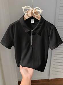 SHEIN Young Boys' Casual School Collar Short Sleeve Polo Shirt,Solid Color Textured Fabric,Suitable For Commuting,Daily Wear,Sports,Spring/Summer - Black - View 4