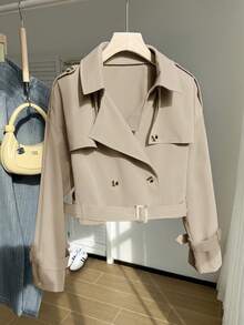 Comfortcana Plus Size Retro Khaki Short Trench Coat With Collar, Suitable For Spring And Autumn Fall - Khaki - View 7