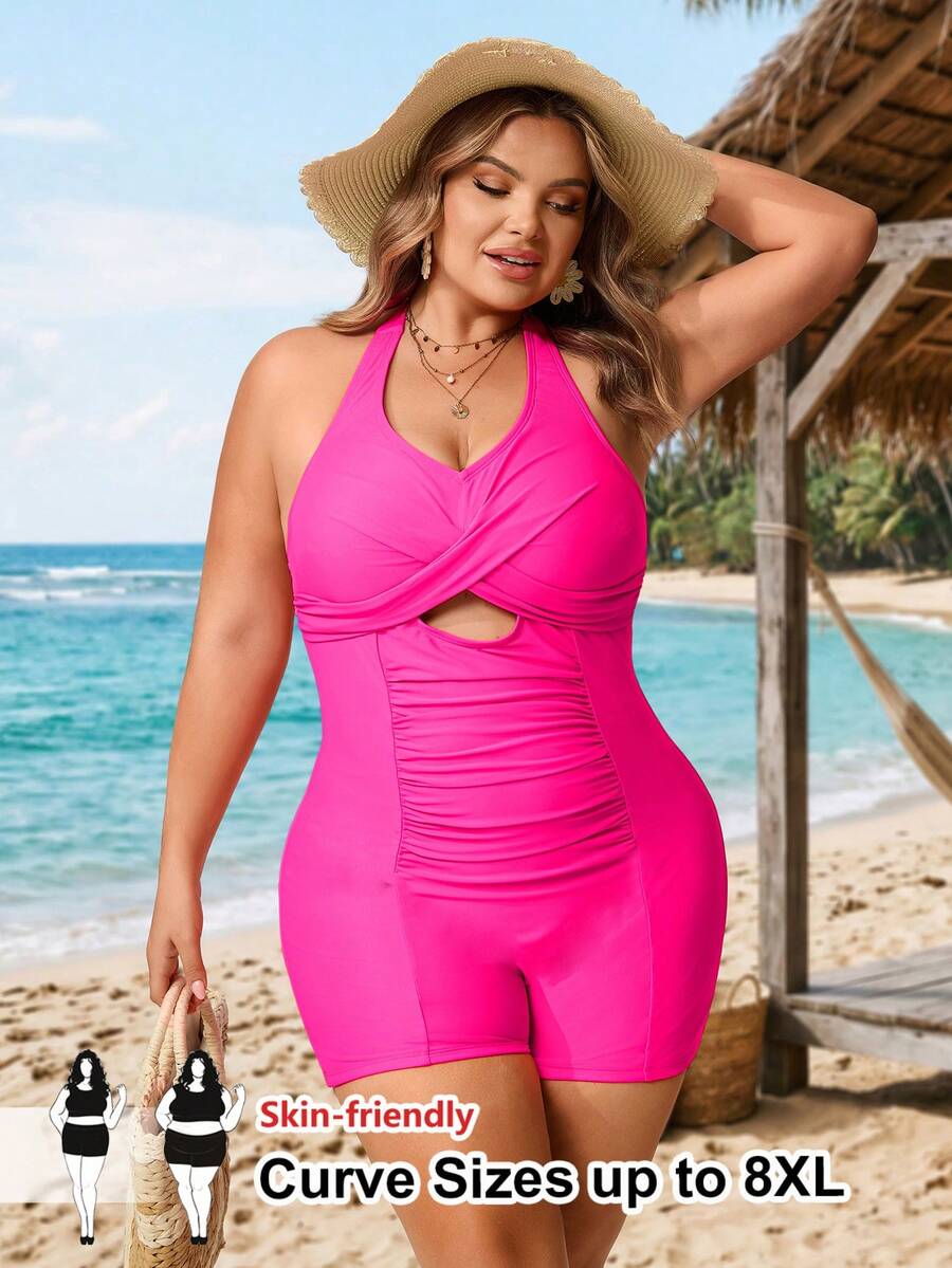 SHEIN CURVE+ Áo tắm liền thân cổ yếm xếp ly khoét rỗng màu trơn dành cho nữ cỡ lớn, thích hợp cho kỳ nghỉ hè. - Màu Hồng Tươi - Xem 1