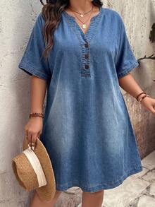 EMERY ROSE Mature Denim Women's Plus Size Summer Casual Vacation Dark Blue Denim Dress,Henley Neck Partial Buttons Short Sleeve Loose Shift Tunic Dress,Lightweight A-Line - Blue - View 6