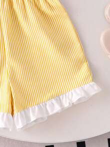 Elladie kids Young Girls Blue & White Striped Ruffle Trim Sleeveless Romper, Elegant, Comfortable, Fashionable Design, Summer Bow Back Outfit Kids Romper Dress Girls Romper Summer Blue Stripe Romper Ruffle Sleeve Romper Cute Light Blue Romper Kids Little Girl Light Blue Outfit Blue Bow Girls Outfit Summer Romper For Girls Spring Outfits For Girls Toddler Girls Clothes - Yellow - View 4