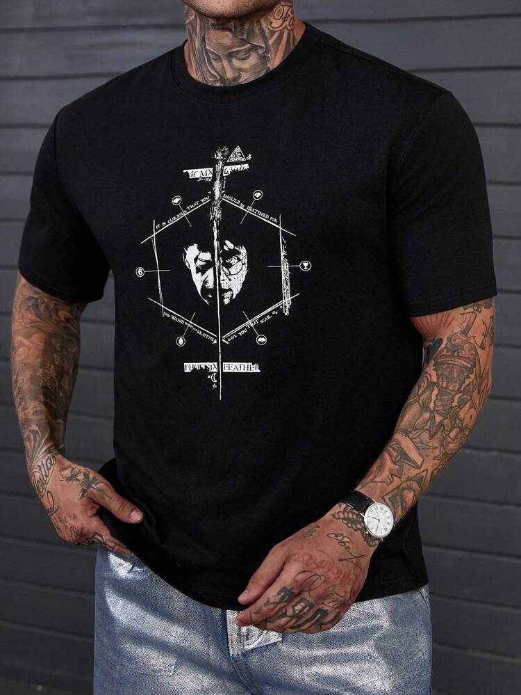 Men's Casual Fashionable Street Wear Daily Commute Graphic Letter Print Black Short Sleeve T-Shirt, Summer