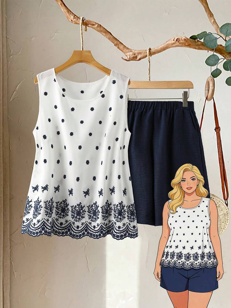 Plus Size Women Floral Print Sleeveless Shirt And Shorts 2 Piece Set