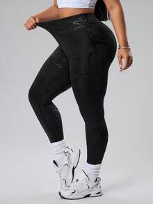 SHEIN Sports 大尺碼裂紋印花緊身褲，緊身貼合，提臀，運動風 - 黑色 - 查看 6
