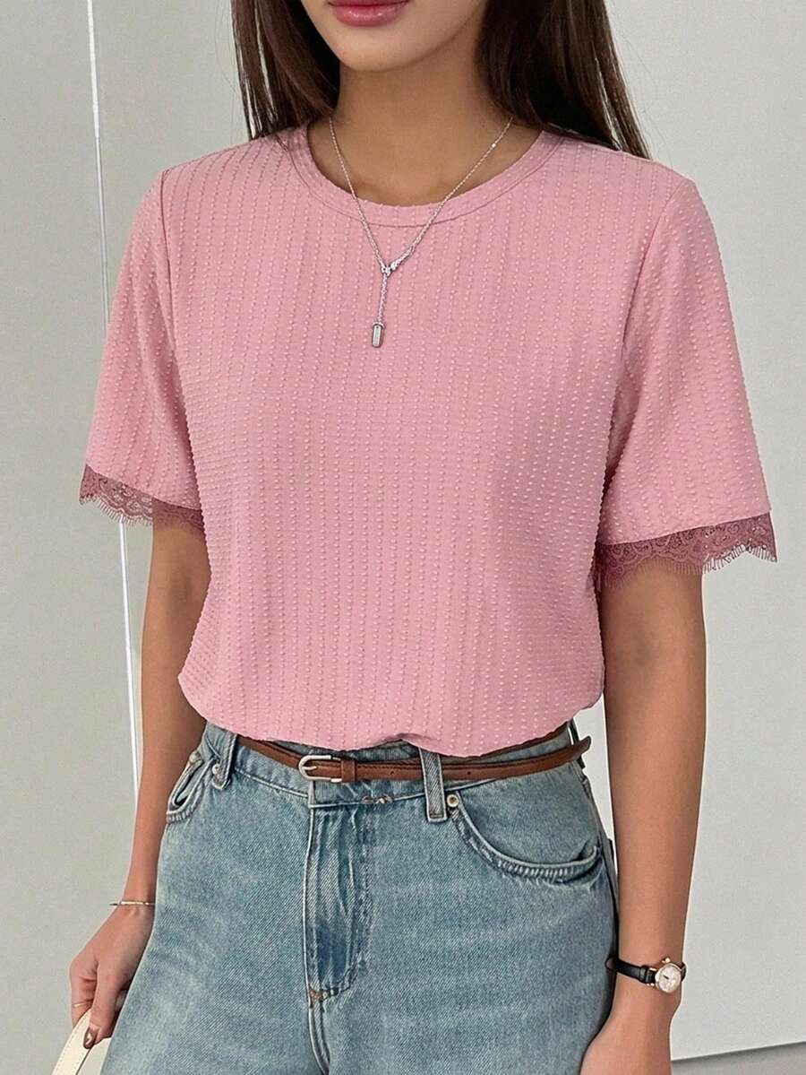 DAZY T-shirt décontracté à manches courtes col rond en dentelle patchwork pour femmes - Rose bonbon - Voir 1