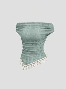 SHEIN Sweetro Áo thun màu nâu dáng ôm, thiết kế mới mùa Xuân/Hè, thanh lịch, nhiều lớp, phong cách retro, chất liệu có họa tiết, tua rua, tối giản, vạt áo bất đối xứng. - màu xanh lá - Xem 6