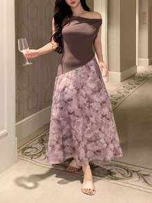 DAZY Áo ngủ nữ thanh lịch cổ khoét sâu, in hoa, không tay, ôm sát, thích hợp cho mùa hè. - Màu Khaki - Xem 4