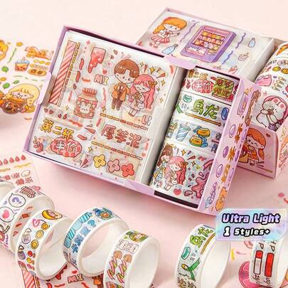 Bộ 1 hộp băng dính Washi họa tiết hoạt hình và nhãn dán, băng dính Washi đa năng dễ thương dùng cho đồ thủ công DIY, tài khoản thủ công, trang trí