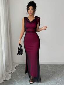 SHEIN Raffinéa Đầm không tay, cổ bèo nhún đôi, thắt nơ ở eo, dáng ôm đuôi cá, hở lưng, phối màu tương phản, chất liệu lưới, dành cho nữ. - Màu Hồng Tươi - Xem 4