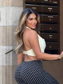 Maria Perezxox 复古杏色针织女式吊带露背上衣，奶黄色露背摆领可爱上衣，Y2K 2000年代风格女装，露肩上衣 - 杏色 - 查看 2