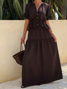 休闲抽绳V领上衣和松紧腰宽松半身裙套装 - 棕色 - 查看 3