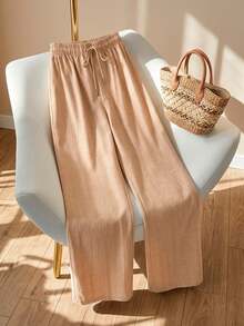 Pantalón de pierna ancha para mujer, elegante y casual. Tela de poliéster, apto para cualquier temporada, ajuste de cintura natural con resorte ligero y cordón ajustable. Sin bolsillos. Text - Beis - Ver 7