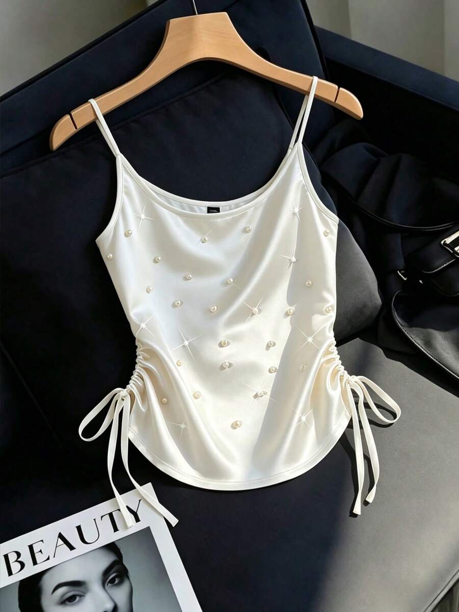 GlowEve Women's Elegant Sexy White Summer Knitted Elastic Cady Camisole Top With Pearl Decor,Side Waist Ruched Tie Design,Sleeveless Vest For Dinner Date - White - View 1