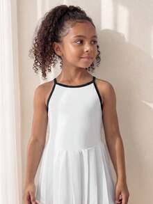 SHEIN Young Girls' White Active Dress – Contrast Color Strap Design, High-Stretch Soft Soft Fabric For Cycling, Jogging, Tennis Practice & Versatile, Fall - White - View 4