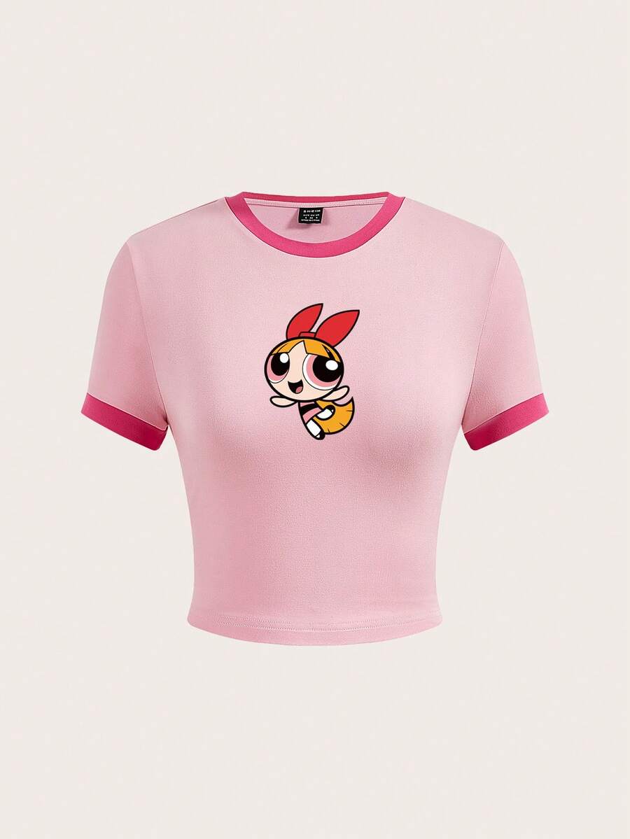 Sweetina THE POWERPUFF GIRLS X SHEIN T-shirt court à manches courtes pour femmes avec imprimé floral rose mignon, coupe ajustée avec bordure contrastée. Pull d'été à la mode, style rétro Y2K doux et épuré, convient pour toutes les saisons - Rose bonbon - Voir 1