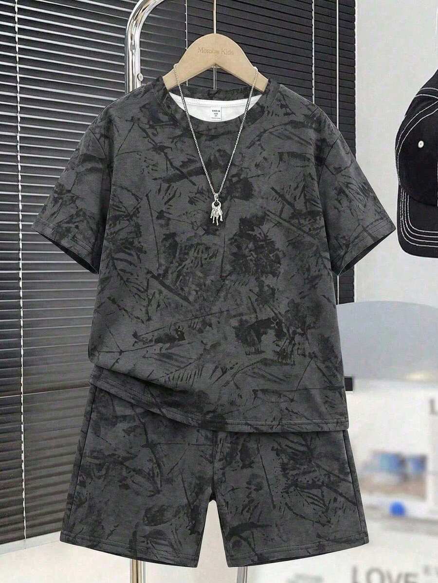 Tween Boy 2 Piece Set,Black Summer Casual Vacation Outfits,Short Sleeve T-Shirt And Shorts,Minimalist Printed Tie Dye Streetwear,Cozy Grey Holiday - White - View 1
