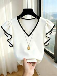 SHEIN Franclia French Elegant V-Neck Black & White Contrast Ruffle Trim Short Sleeve Chiffon Blouse, Slim Fit Commuting Wear, Summer New - Black and White - View 3