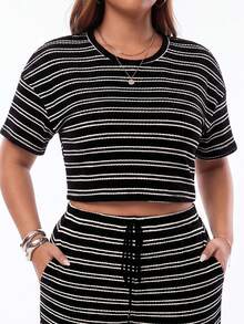 Plus Size Red Striped T-Shirt And Pants Casual 2 Pieces Set, Summer - Black - View 2