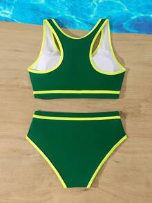 SHEIN Conjunto de bikini con ribete de contraste para adolescentes, ideal para vacaciones de verano en la playa - Verde - Ver 2