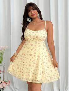 SHEIN EZwear 大码女式碎花休闲吊带连衣裙 - 黃色 - 查看 3
