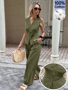 Serisse Ensemble 2 pièces Top sans manches et pantalon de couleur unie, tenue décontractée pour femmes - Militaire verte - Voir 7