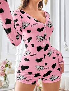 SHEIN 奶牛印花图案女士睡衣连体裤 - 西瓜粉 - 查看 1
