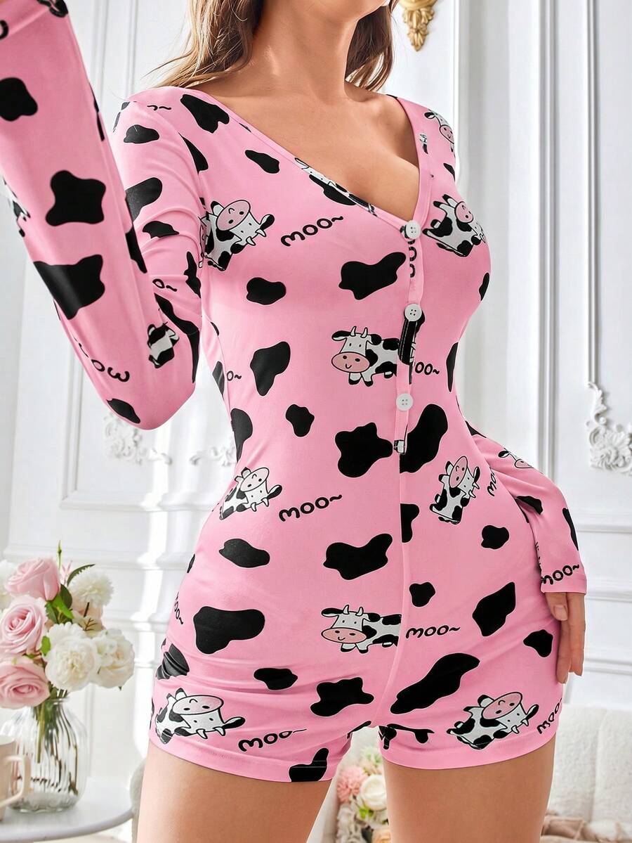 SHEIN 奶牛印花图案女士睡衣连体裤 - 西瓜粉 - 查看 1