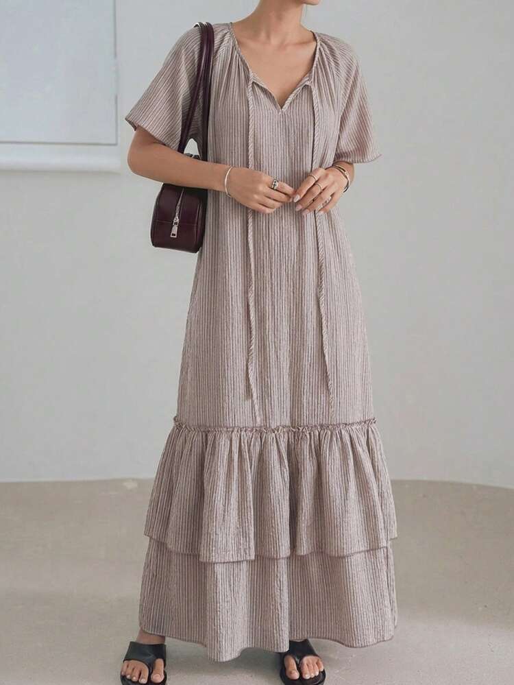 Women's V-Neck Loose Vacation Style Tie-Up Striped Flowy Dress Sun Dresses For Women