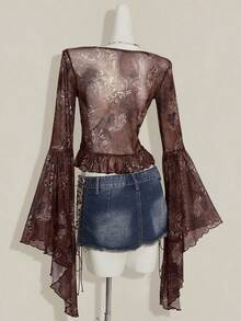 SHEIN ICON Vintage Print Sheer V-Neck Flare Sleeve Top For Women - Brown - View 10