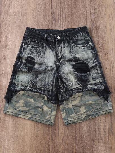 Manfinity Joysei Quần short Bermuda denim nam dáng rộng, in họa tiết rằn ri, túi xéo.
