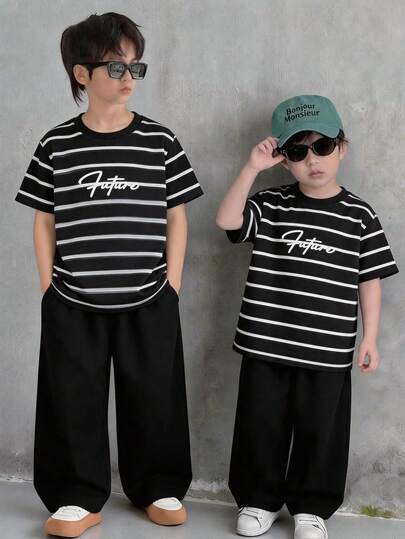 2pcs Kids Boys Casual Striped Round Neck Loose Short Sleeve T-Shirt And Relaxed Black Pants Knit Tracksuit Set, Suitable For Spring/Summer, Outings, Valentine's Day, Dates, Travel, Vacations, Family Gatherings, Back To School, Weddings, Evenings, Sports, Birthday Parties