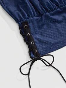 ROMWE Street Life Women Summer World Cup Festival Sporty Street Outfits Number Print Contrast Color Fabric Splicing Drawstring Lace-Up Halter Tops - Blue - View 4
