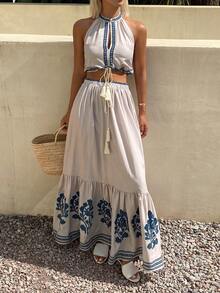 DAZY Bộ đồ 2 món phong cách Bohemian mùa hè dành cho nữ: Áo crop top không tay cổ tròn và chân váy dài in họa tiết. - Màu be - Xem 5