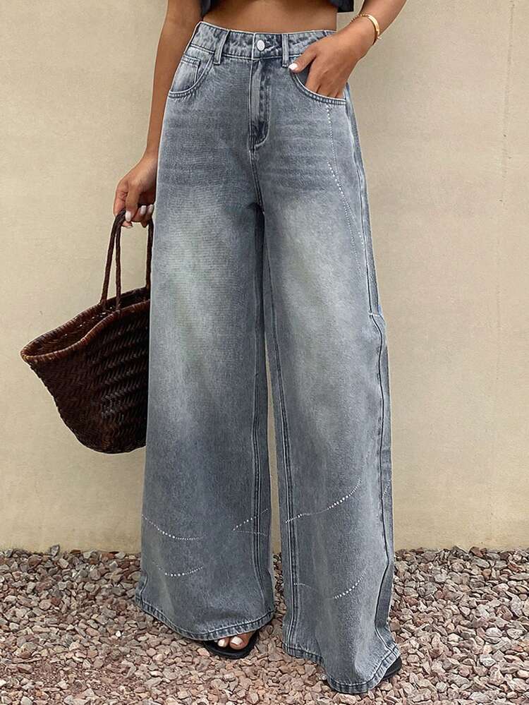 Women's Casual Fashion Street Style Versatile Daily Commute Washed Loose Wide-Leg Jeans